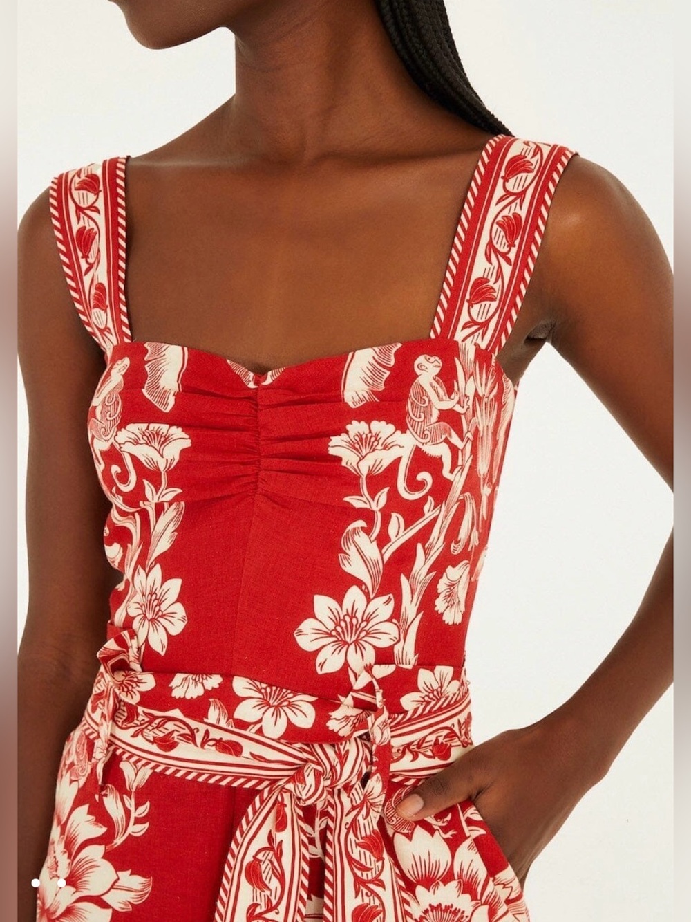 FARM Rio Red and Cream Floral Print Romper with Waist Tie - Picture 6 of 10